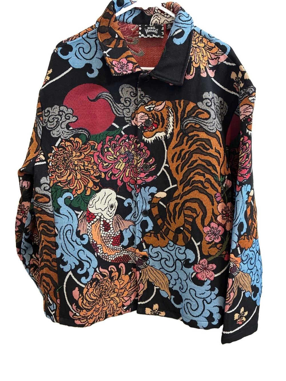 NWT Rebel Vengeance Japanese Tiger Koi Tapestry Jacket Men Medium Woven Shacket